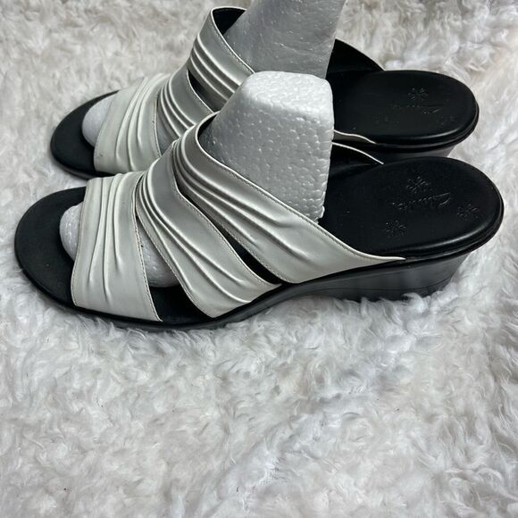Clarks Shoes - Clarks leather white straps wedge slip on sandals rubber soles size 11